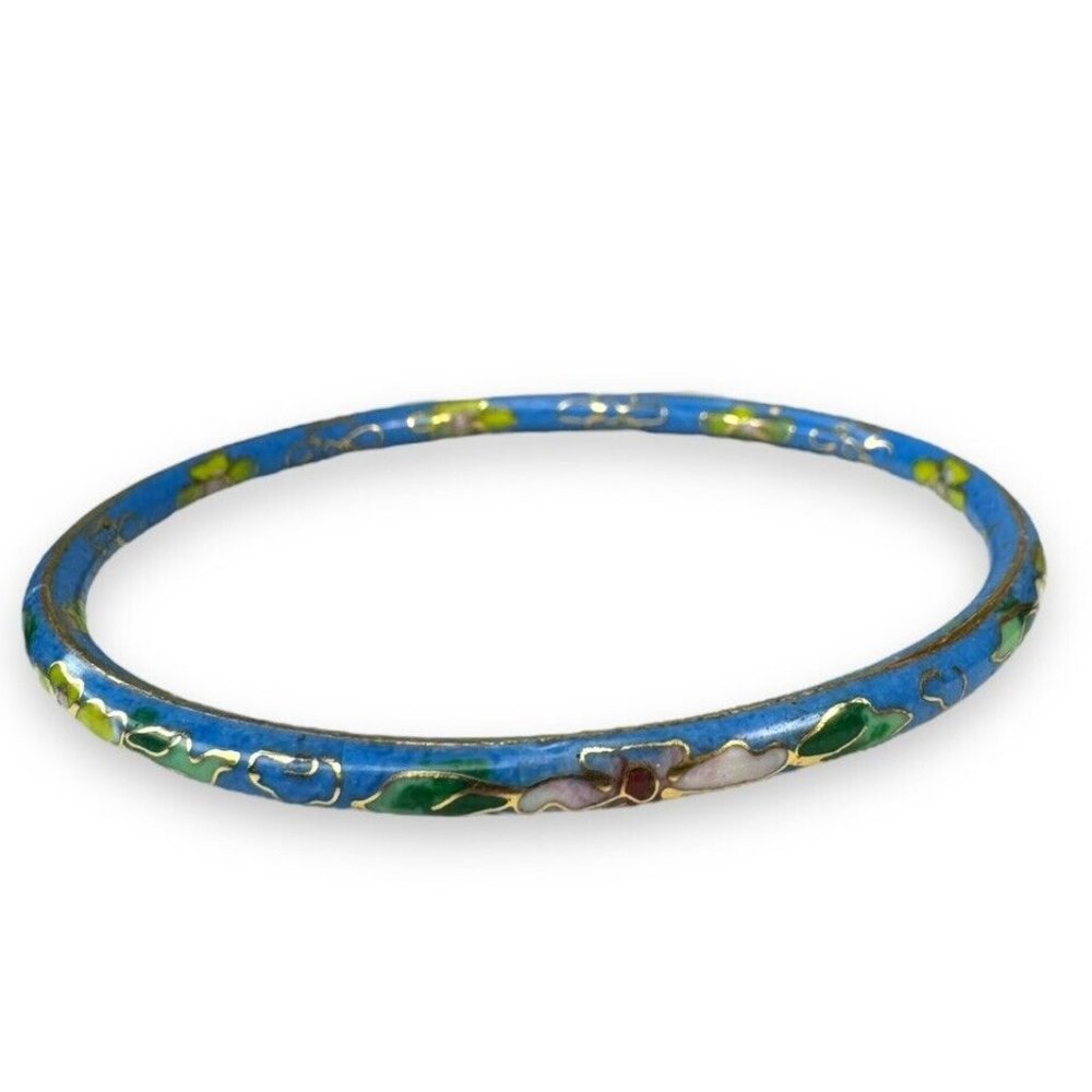 Vintage Cloissone Enamel Bangle Blue Pink Floral 7.75” - Picture 1 of 5